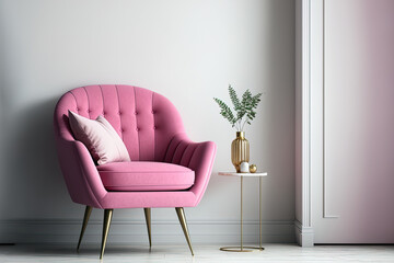 A pink armchair in a contemporary minimalist room with a blank white wall background. Generative AI