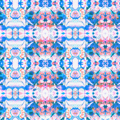 Washed Red Blue blur white vibrant watercolor batik azulejos tile background. Seamless coastal linen effect geometric mosaic effect. Boho Patchwork nautical masculine all over summer fashion repeat.