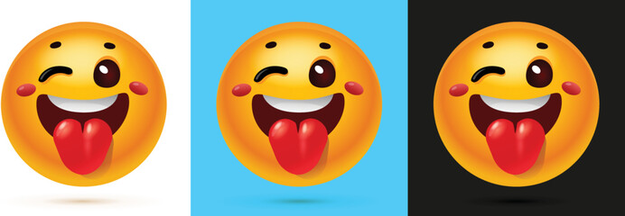 A laughing face emoji with one eye open and rosy cheeks with tongue in multiple colors backgrounds - emotion showing happy, naughty face, glossy effect, Smiley vector illustration