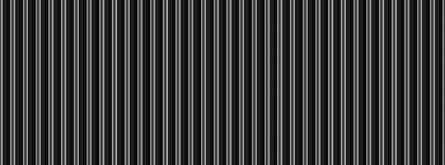 Vector black grooved metal sheet realistic texture. 3d roofing coating construction. Gray iron fence background. Dark corrugated industrial wall seamless pattern. Motor radiator grid. Minimalism line