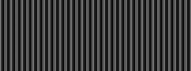 Obraz premium Vector black grooved metal sheet realistic texture. 3d roofing coating construction. Gray iron fence background. Dark corrugated industrial wall seamless pattern. Motor radiator grid. Minimalism line