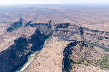 Aerial shot of the lower Zambezi river gorge, in southern Africa.