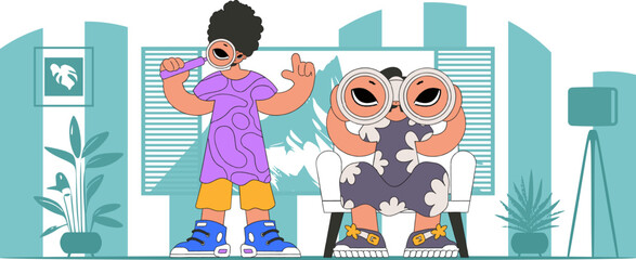 A young group of HR people are holding binoculars and a magnifier in their hands. HR theme.