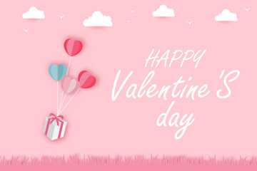 Naklejka premium Happy Valentine's Day Gift boxes with heart balloon flying over grass.banner, wallpaper, Poster, ,paper cut style. Vector illustration.