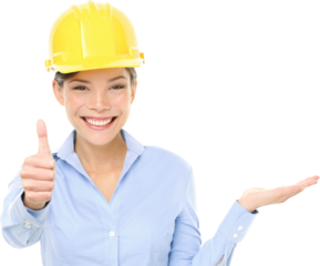 Engineer or architect woman. Portrait of beautiful female architect gesturing thumbs up while displaying product isolated in transparent PNG.