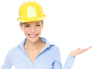 Hard hat engineer or architect woman showing pointing at copy space. Young female mixed race Caucasian / Asian Chinese professional wearing yellow hard hat isolated in transparent PNG.