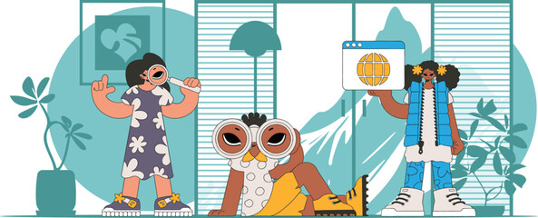 The team helps to find information on the Internet. Bright and stylish illustration, Bright trendy character.