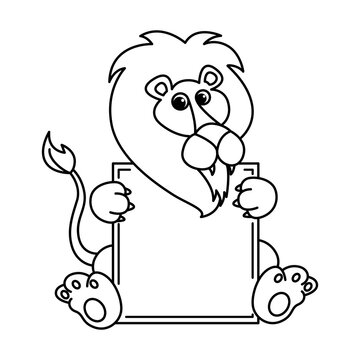 Board template with cute lion cartoon characters vector illustration. For kids coloring book.