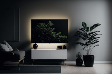 Fototapeta na wymiar Mockup of a television in a nighttime living room. TV cabinet, TV screen, and plant. Generative AI