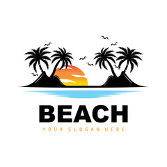Coconut Tree Logo With Beach Atmosphere, Beach Plant Vector, Sunset View Design