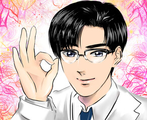 日本式のOKサインをして患者を励ます黒髪メガネのイケメンドクターを描いた漫画イラストと花園背景