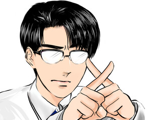 指でバッテンサインを作り警告するイケメン黒髪メガネ医師の少女漫画風カラーイラスト透過背景