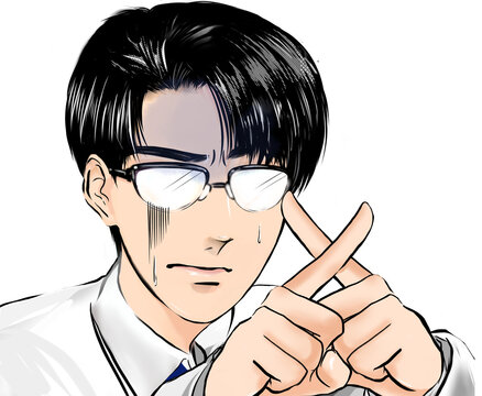 指でバッテンサインを作り警告するイケメン黒髪メガネ医師の少女漫画風カラーイラスト透過背景