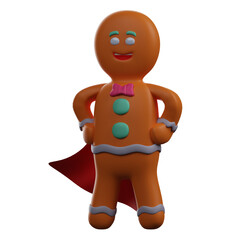   3D illustration. Super Cool 3D Gingerbread character illustration wearing red wings. with a cool pose hands on waist. showing a funny laughing smile. 3D Cartoon Character