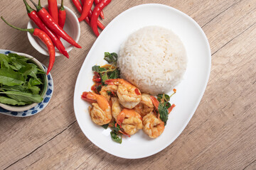 Shrimp basil with steamed rice.Thai spicy food.Street food