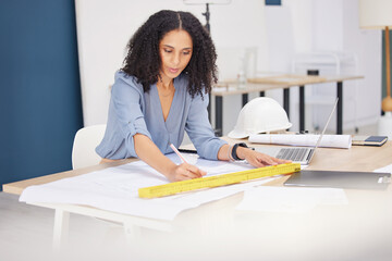 Architecture, drawing and blueprint with black woman architect, construction and laptop with plan...