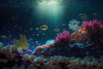 Naklejka na ściany i meble Underwater seascape, coral reef and colorful fish. AI