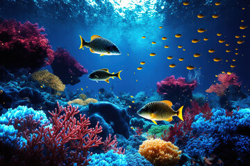 Underwater seascape, coral reef and colorful fish. AI