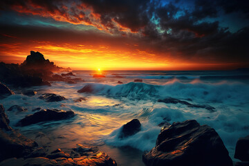 Beautiful sunrise over the sea. AI