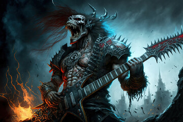 Heavy metal fantasy guitar player. AI - obrazy, fototapety, plakaty