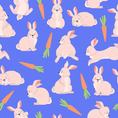 Obraz premium Cute bunny with carrot, Easter seamless pattern, cartoon flat vector illustration on blue background.