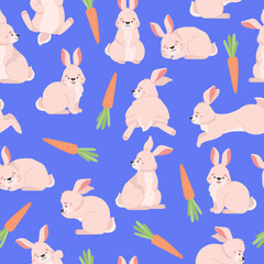 Cute bunny with carrot, Easter seamless pattern, cartoon flat vector illustration on blue background.