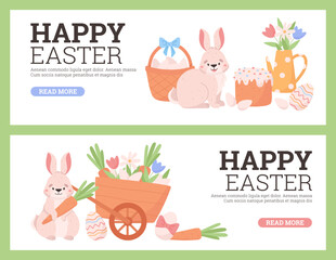 Happy Easter banners or flyers set with rabbits and flowers flat vector.
