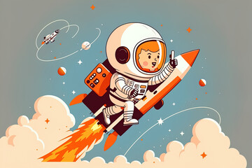 For use in web development banner marketing material presentations and online advertising, create a cartoon astronaut flying with a rocket. Generative AI
