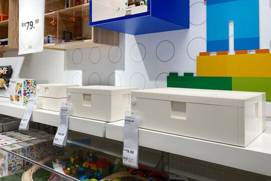 PENANG, MALAYSIA - APR 07, 2021: LEGO IKEA BYGGLEK collection LEGO box with lid set showcase display in IKEA Batu Kawan Penang. IKEA and LEGO collboration