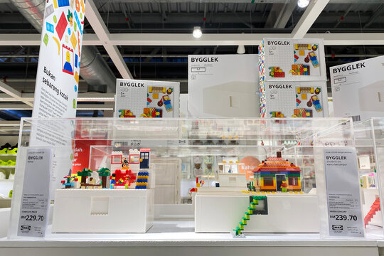 PENANG, MALAYSIA - APR 07, 2021: LEGO IKEA BYGGLEK collection LEGO box with lid set showcase display in IKEA Batu Kawan Penang. IKEA and LEGO collboration