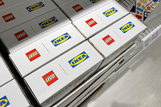 PENANG, MALAYSIA - APR 07, 2021: LEGO IKEA BYGGLEK collection LEGO box with lid set on the shelf of IKEA Batu Kawan Penang. IKEA and LEGO collboration