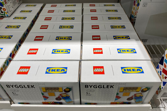 PENANG, MALAYSIA - APR 07, 2021: LEGO IKEA BYGGLEK collection LEGO box with lid set on the shelf of IKEA Batu Kawan Penang. IKEA and LEGO collboration