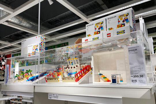 PENANG, MALAYSIA - APR 07, 2021: LEGO IKEA BYGGLEK collection LEGO box with lid set showcase display in IKEA Batu Kawan Penang. IKEA and LEGO collboration