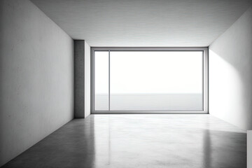 Illustration of a barren concrete room with a sizable window and a background of the sea. Generative AI