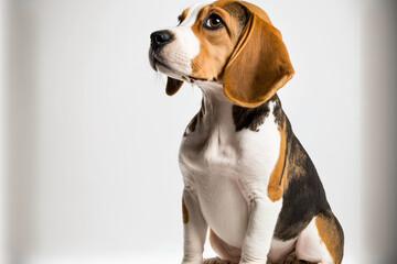 a sitting Beagle dog on a white backdrop. Generative AI