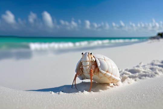 White sand hermit crab strolling Hermit crab up close on the beach. Generative AI