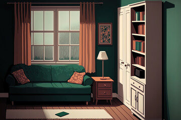 Interior of a living room with a couch and a closet. Generative AI