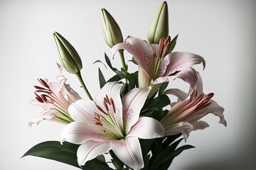 Light pink lilies in a bouquet against a white backdrop. Generative AI