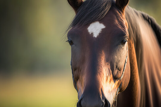 Close up of a lovely brown horse against a hazy background. Generative AI