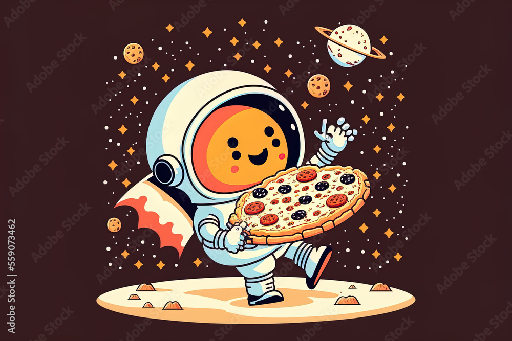 Canvas Prints Cartoon icon of a cute astronaut eating pizza on a planet. Food Icon Concept in Science, Premium Isolation. Cartoonish flatness. Generative AI