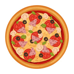delicious mushroom pizza with ham, olives and tomatoes