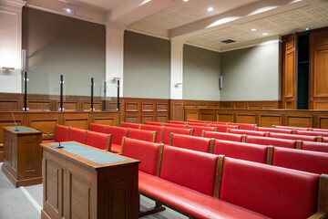 Courtroom interior Court of Law and Justice Trial Stand  Courthouse Civil Case Hearing Starts