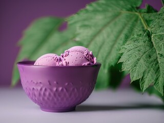 Homemade Purple Japanese Ube flavored Ice Cream served in bowl. Isolated photography of ice cream and gelato on purple background.