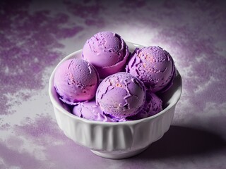 Homemade Purple Japanese Ube flavored Ice Cream served in bowl. Isolated photography of ice cream and gelato on purple background.