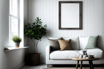 interior of a mock up frame in a farmhouse living room. Generative AI