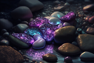 Fototapeta na wymiar Purple gemstone, Beautiful transparent stone in a mountain stream, closeup, wallpaper, background