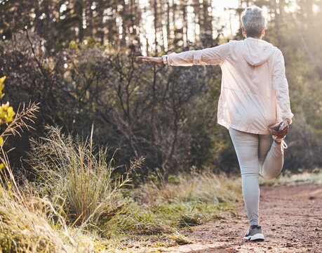 Fitness, balance or old woman in nature to start training, running exercise or hiking workout in New Zealand. Freedom, back view or healthy senior person with resilience, body goals or motivation