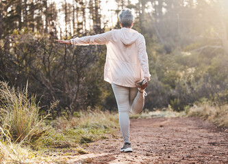 Fitness, forest or senior woman stretching in nature to start training, exercise or hiking workout...