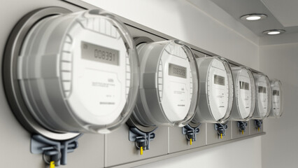 Row of electricity meters on the wall. 3D illustration