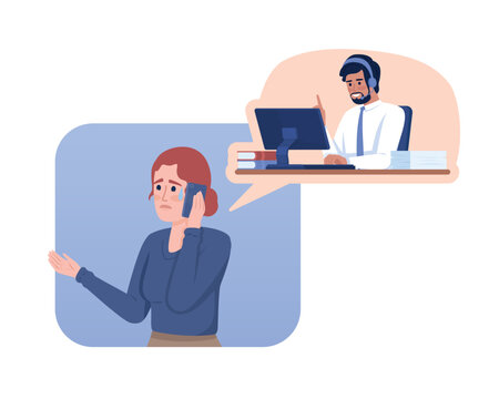 Handling crying customer 2D vector isolated illustration. Sobbing female client and polite operator flat characters on cartoon background. Colorful editable scene for mobile, website, presentation